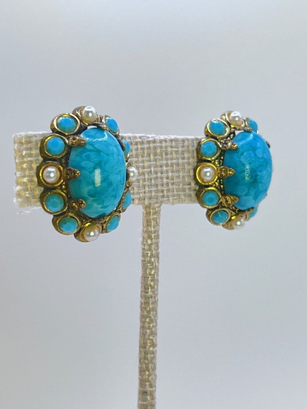 Vintage West Germany Faux Turquoise Pearl Clip On Earrings Gold Tone 1.25 in